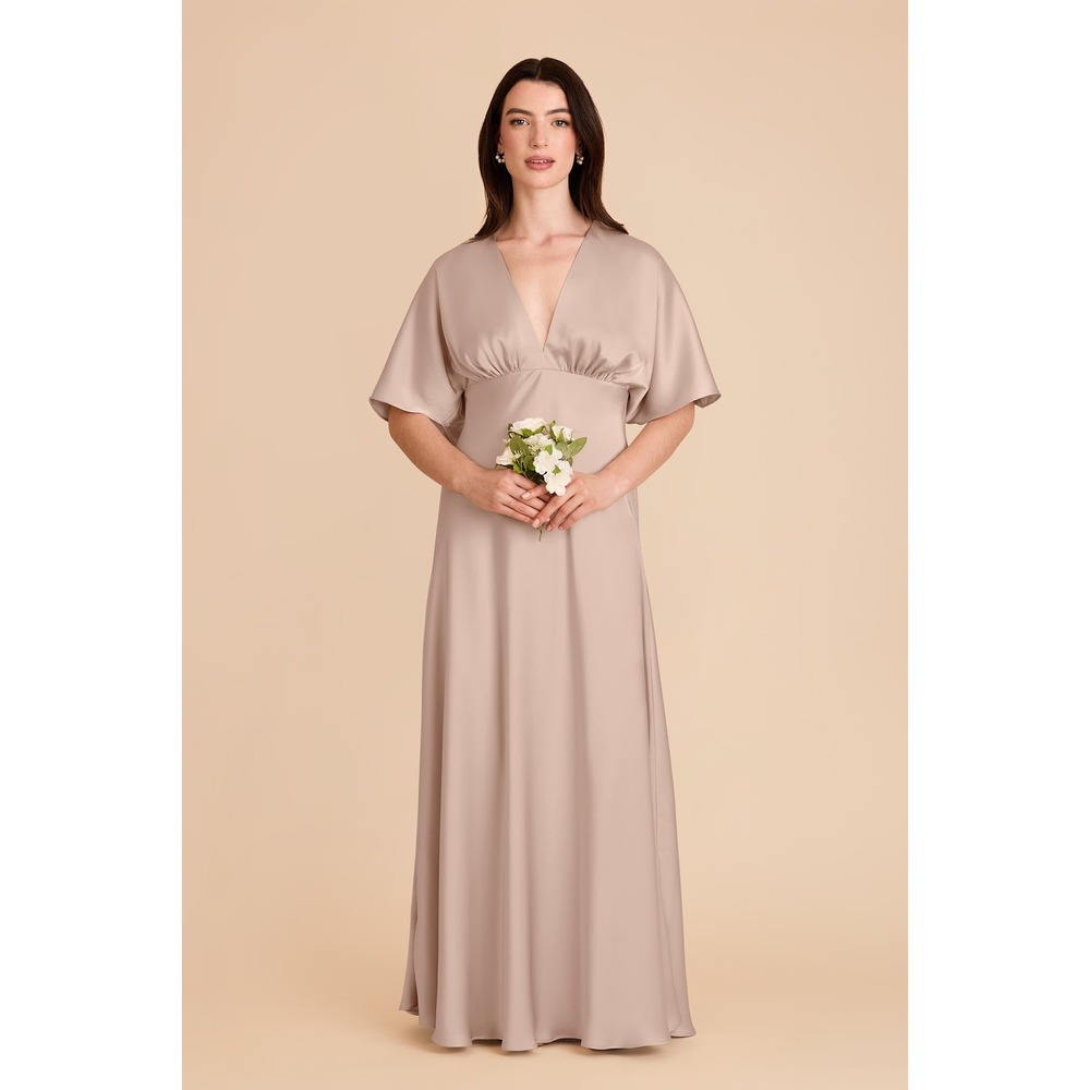 Birdy Grey Shyla Dress in Satin Taupe Flutter Sleeve Bridesmaid Maxi Gown Size L